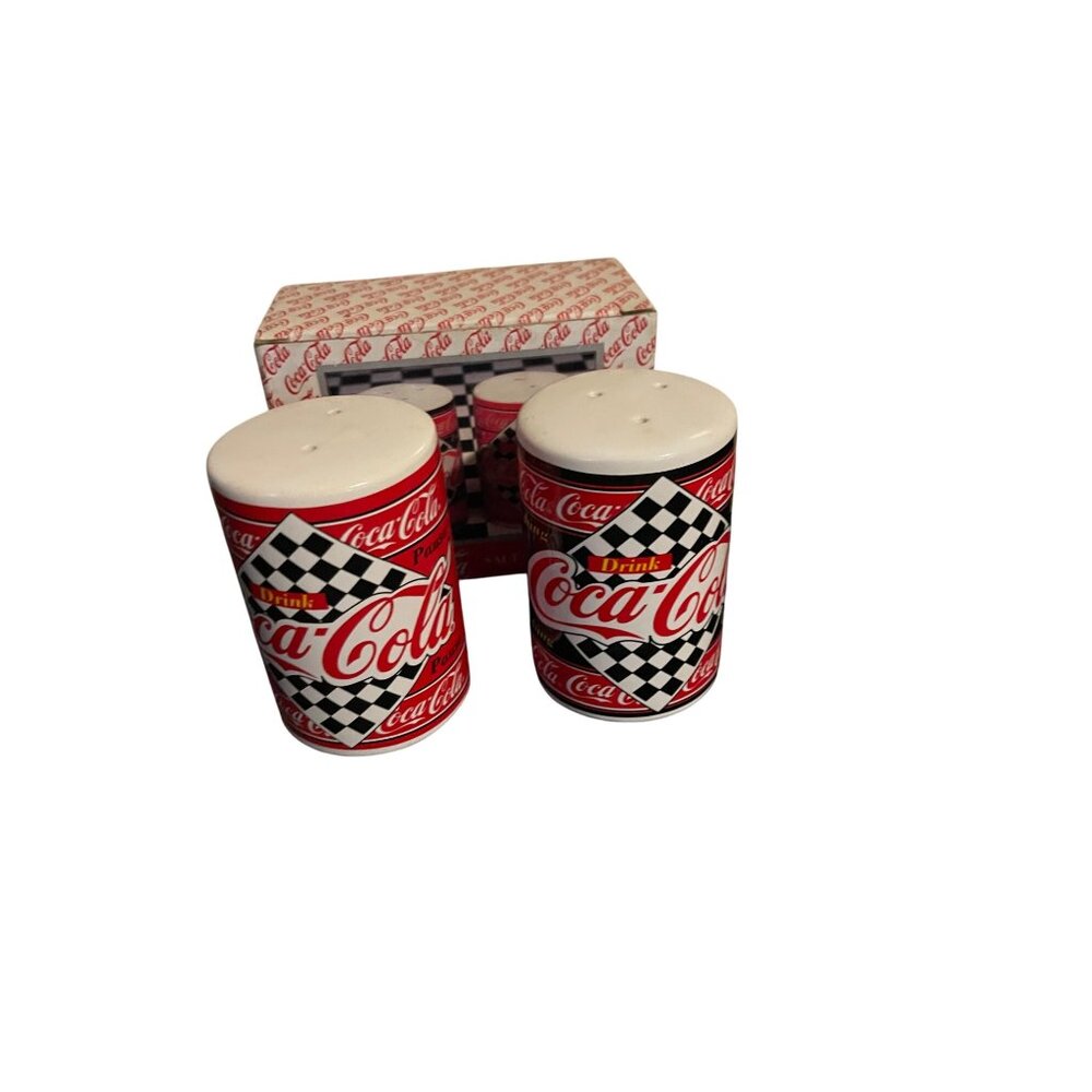 Coca-Cola Salt & Pepper Shaker Set Classic Racing Design Checkerboard Pattern - Picture 3 of 11